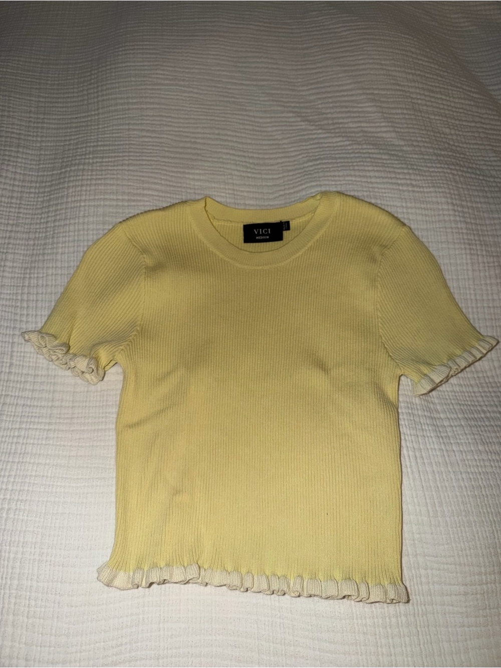 VICI Pale Yellow Ribbed Crewneck Top with Ruffle Trim